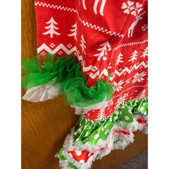 Girls Christmas Ruffle Long-Sleeve Dress With Festive Tree Patchwork & Polka Dot - Picture 3 of 5